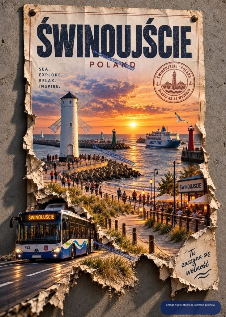 Vintage-style Świnoujście Poland travel poster showing a lighthouse, sunset harbor, ferry, promenade, and city bus, with torn weathered edges.