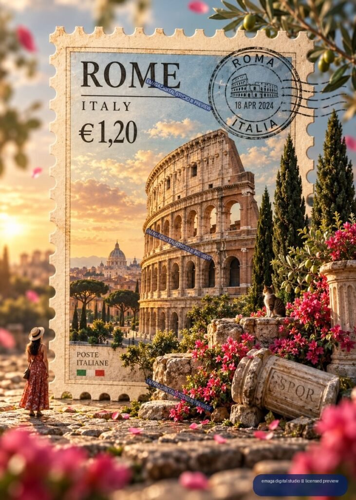 Decorative Rome, Italy postage stamp showing the Colosseum, Roman skyline, garden flowers, a cat, and a woman seen from behind.