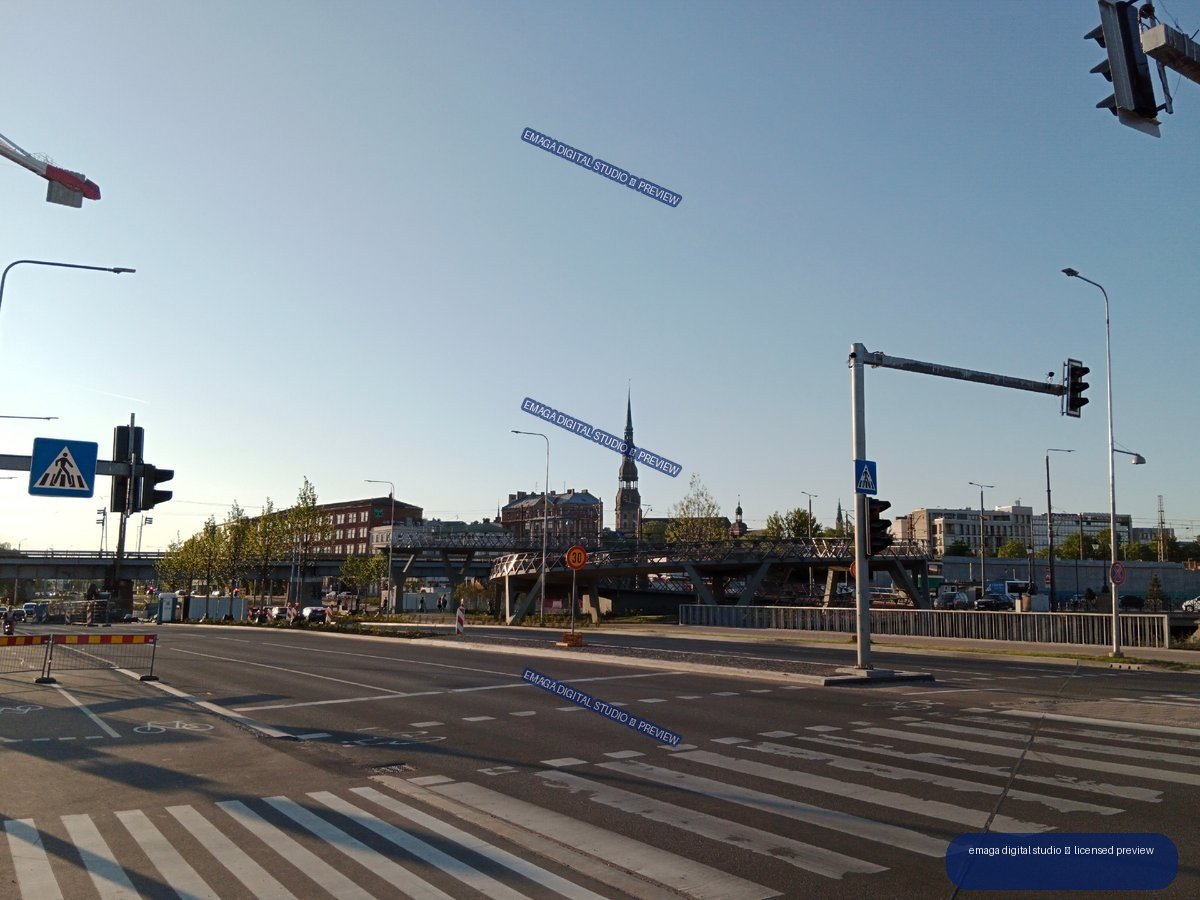 Urban Intersection and Church Spire in Riga, Latvia