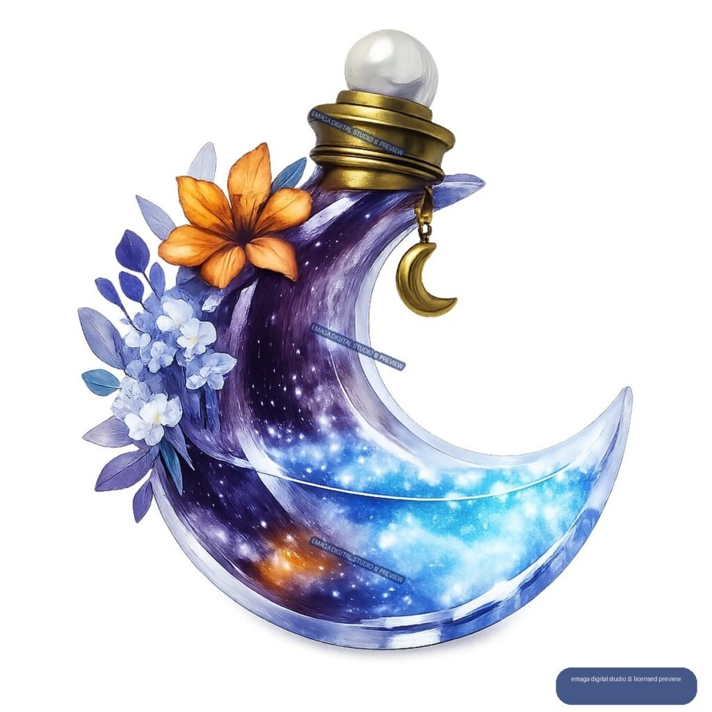Crescent-shaped blue and violet apothecary bottle with a galaxy interior, gold stopper, flowers, leaves, and a hanging crescent charm.