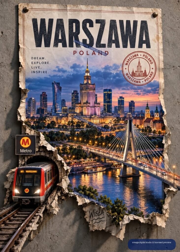 Travel poster for Warsaw, Poland showing the illuminated skyline, Palace of Culture and Science, Vistula River bridge, and a metro train emerging through a torn wall.