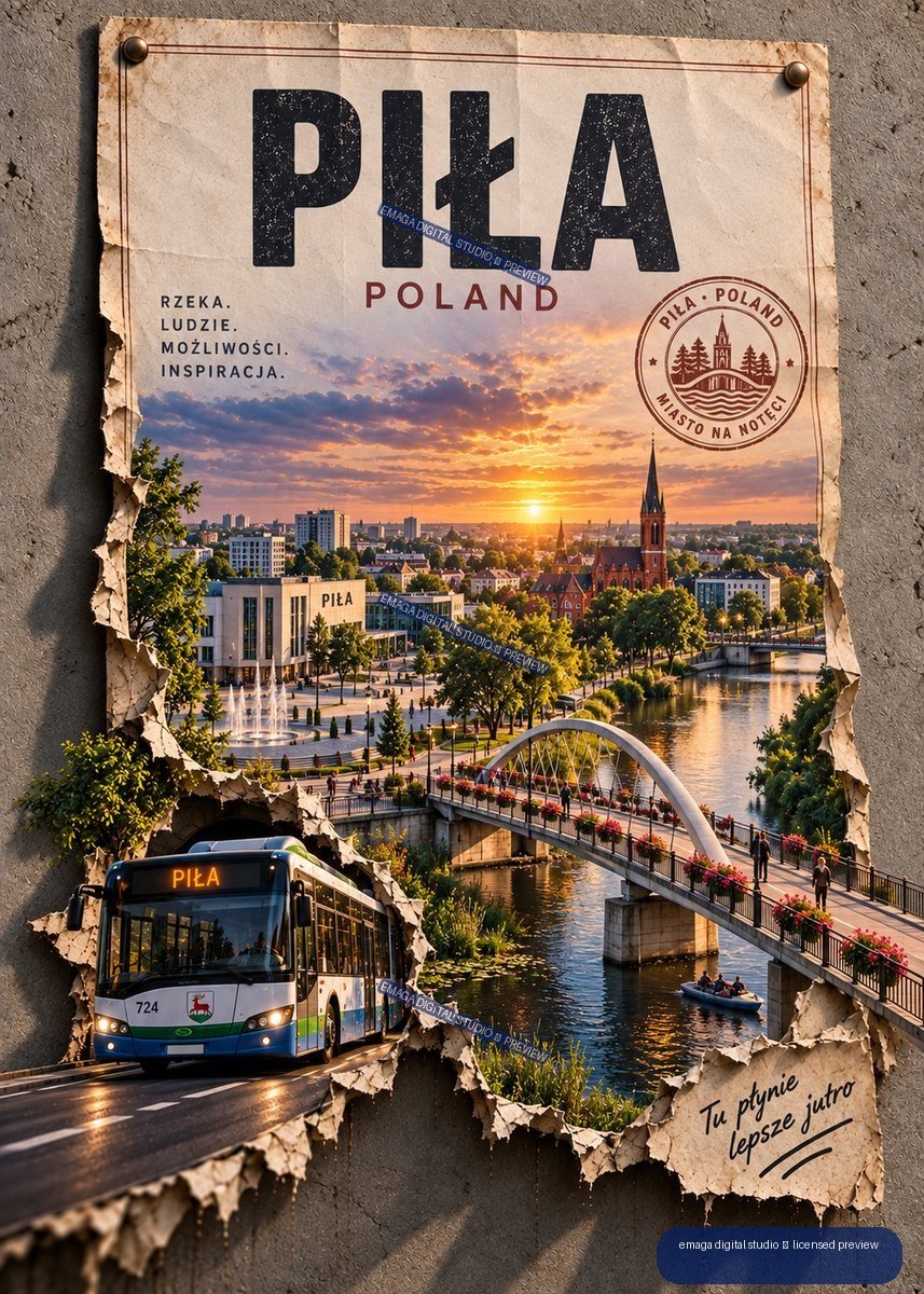 Vintage-style Piła, Poland travel poster showing a sunset cityscape, river, arched bridge, church, city bus, and bold Piła lettering.