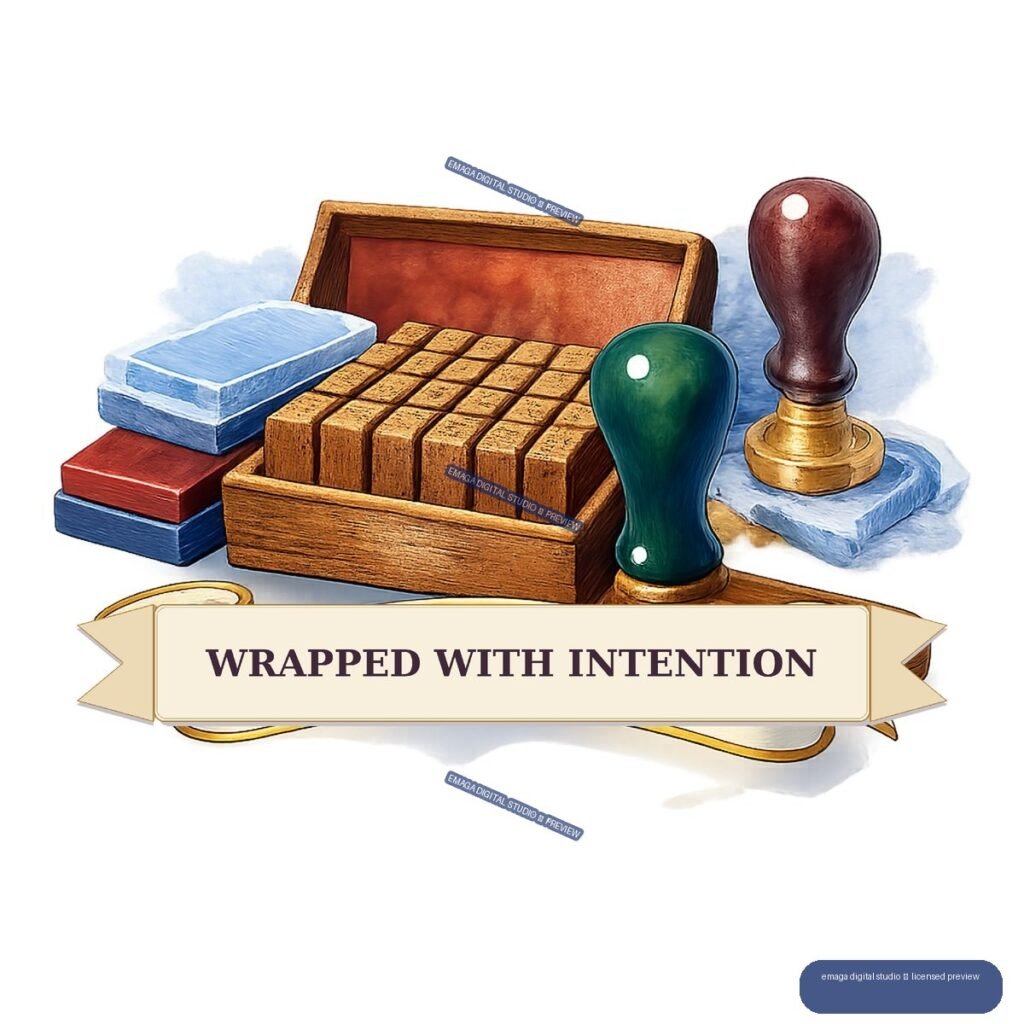 Open wooden box with blocks, stacked colored materials, two stamp tools, and a ribbon reading Wrapped with Intention.