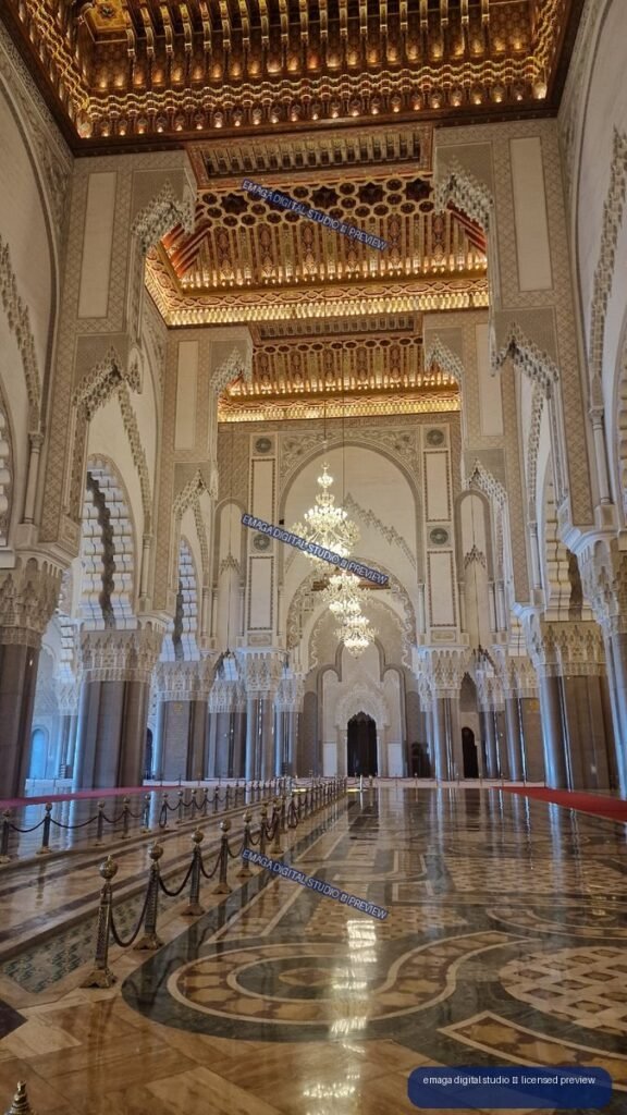 Ornate mosque interior with chandeliers in Casablanca, Morocco