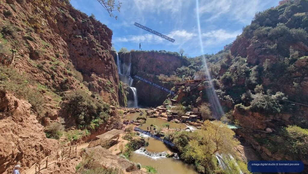 Ouzoud Waterfalls in Morocco with Red Cliffs and Pools