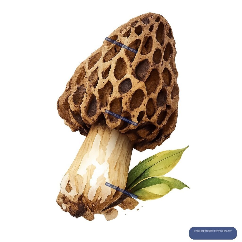 Illustration of a honeycomb-textured brown morel mushroom with a pale stem and green leaves.