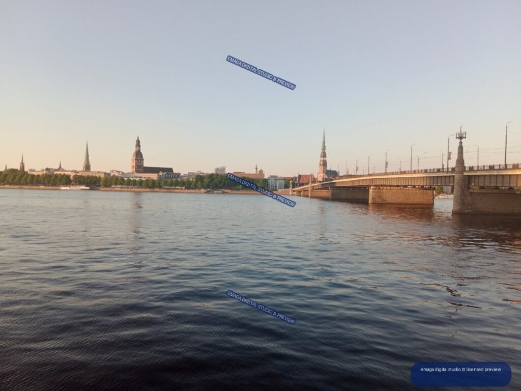 Riga, Latvia Skyline and Bridge Reflected on the Daugava River