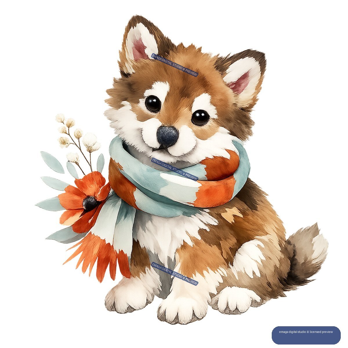 Cute seated red fox kit wearing a blue and orange striped scarf beside orange flowers.