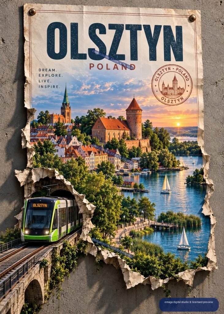Travel poster labeled OLSZTYN POLAND showing historic buildings, a castle, lake, sailboats, and a green tram.