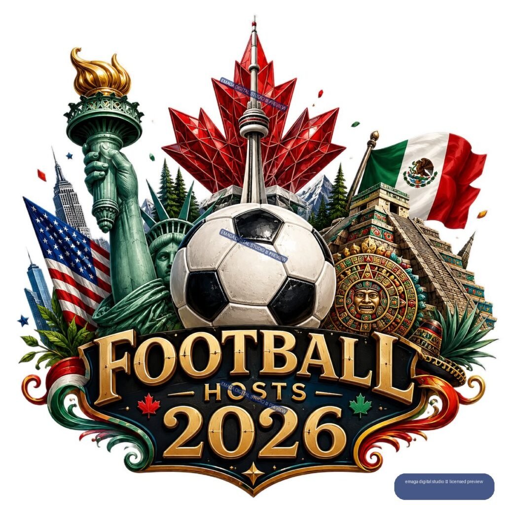 Soccer ball and gold “FOOTBALL HOSTS 2026” lettering surrounded by North American landmarks, flags, and cultural symbols.