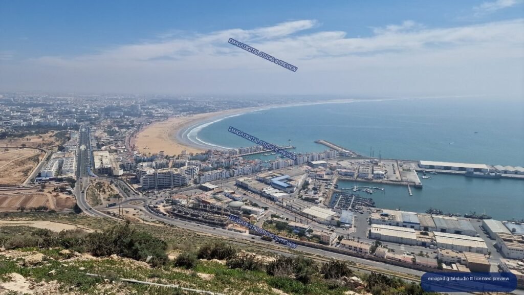 Aerial Coastal View of Agadir, Morocco, Beach and Harbor