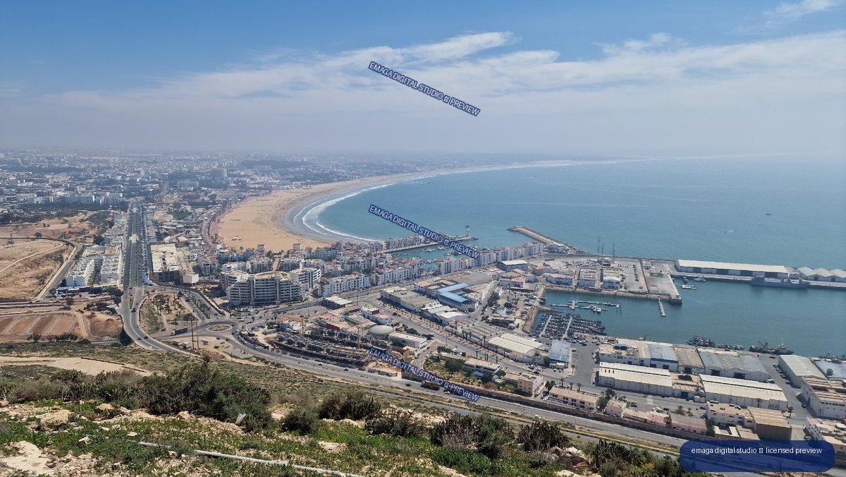 Aerial Coastal View of Agadir, Morocco, Beach and Harbor