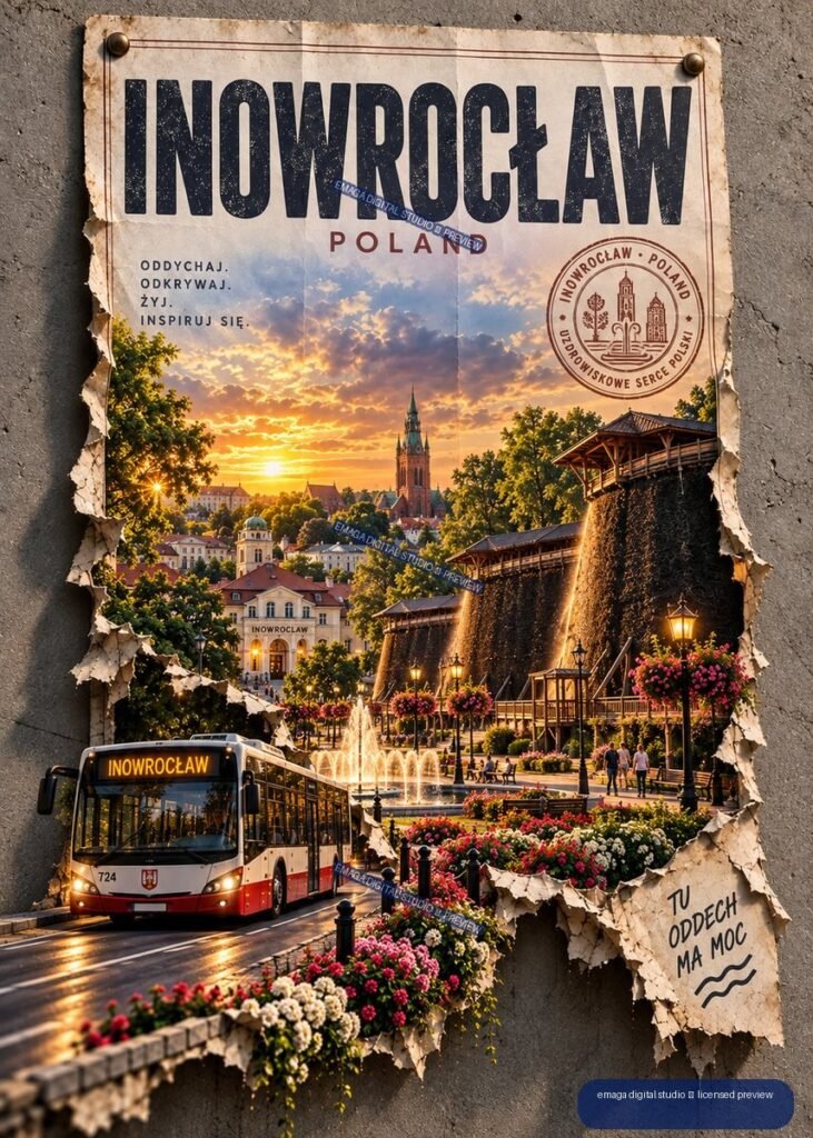 Vintage-style Inowrocław Poland travel poster showing a sunset cityscape, church spires, flower-filled promenade, fountains, and a city bus.