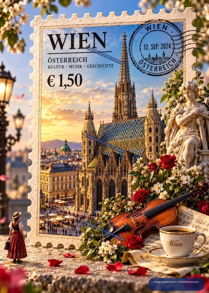 Decorative Vienna postage stamp showing St. Stephen’s Cathedral, with roses, violin, coffee cup, statue, and flowers.