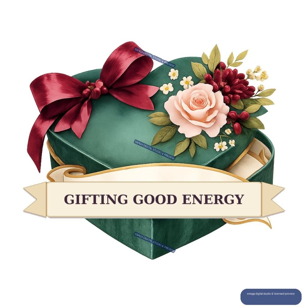 Green gift box with burgundy bow, flowers, and a banner reading GIFTING GOOD ENERGY.
