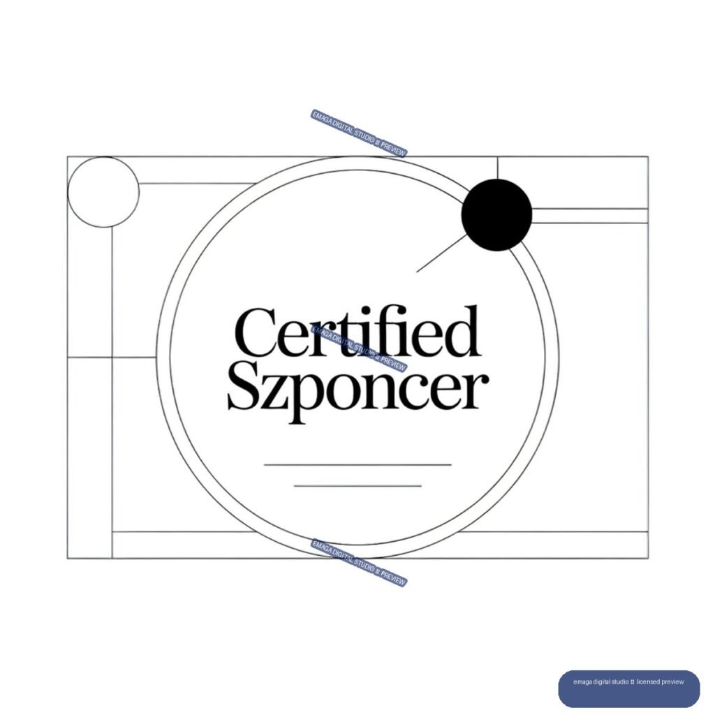 Minimalist black-and-white certificate graphic reading “Certified Szponcer,” with a circular seal, geometric border lines, and two small circles.