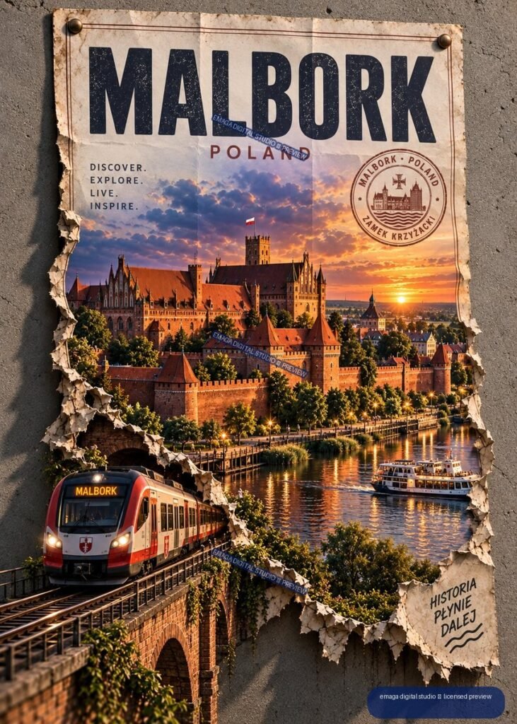 Travel poster reading MALBORK POLAND, showing Malbork Castle at sunset, a train on a bridge, and a boat on the river.