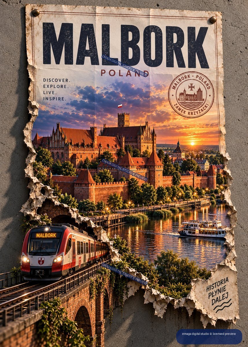 Travel poster reading MALBORK POLAND, showing Malbork Castle at sunset, a train on a bridge, and a boat on the river.