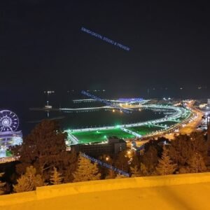Nighttime panoramic view of Baku waterfront, Azerbaijan