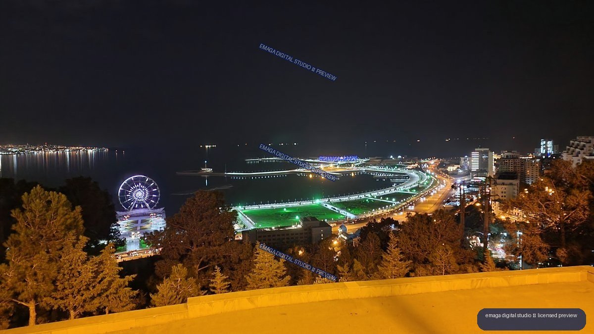 Nighttime panoramic view of Baku waterfront, Azerbaijan