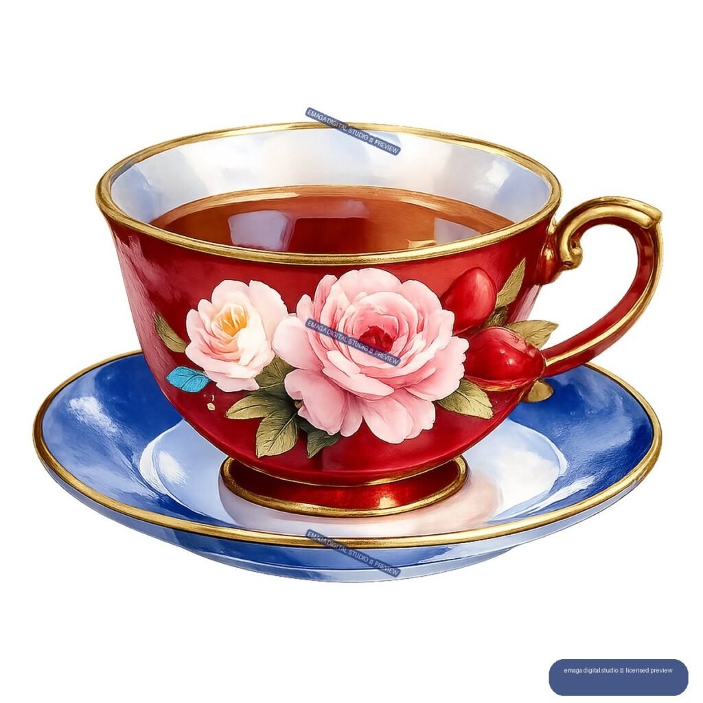 Ornate red teacup with pink and white roses on a blue, gold-trimmed saucer.