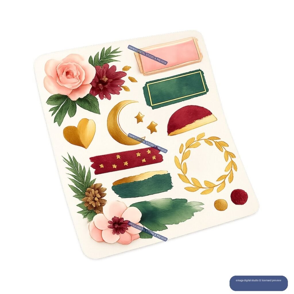 Angled sticker sheet with watercolor flowers, leaves, moon, stars, heart, wreath, swatches, and blank labels.
