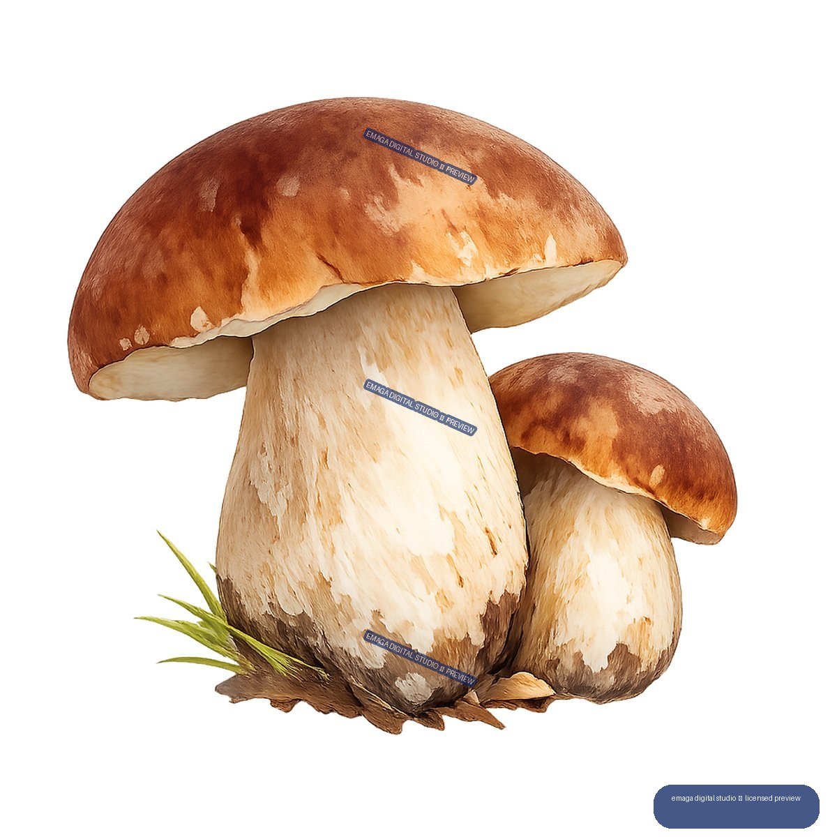 Three brown-capped mushrooms with cream stems, grass, and woodland debris, rendered in a watercolor style.