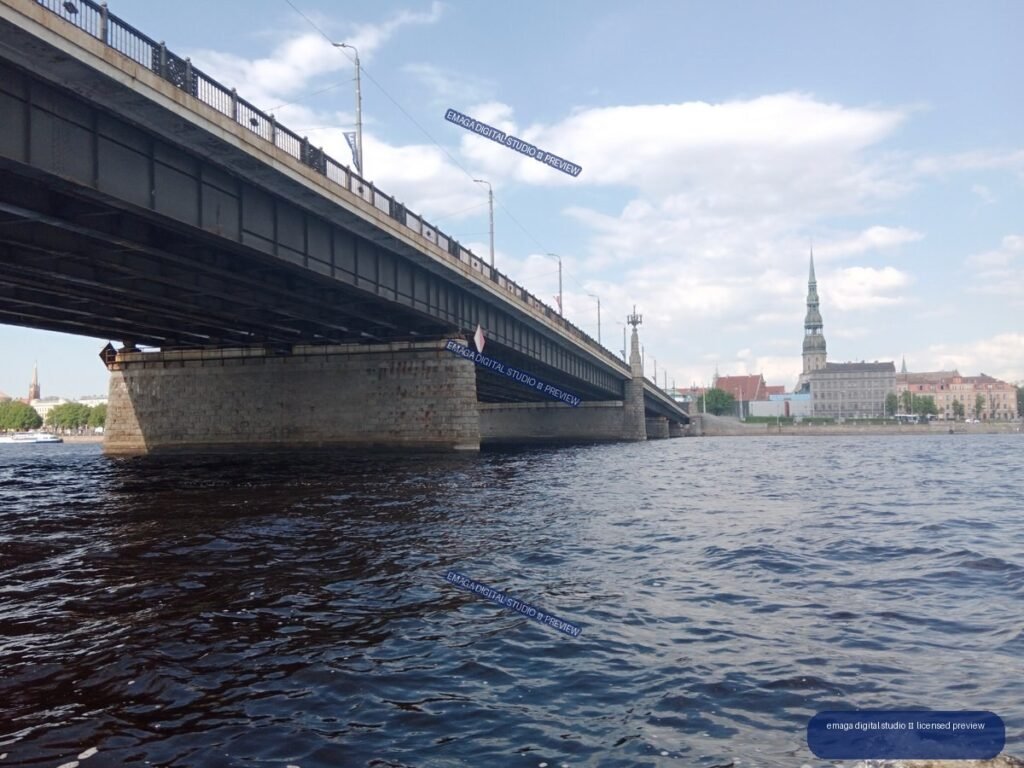 Bridge over the Daugava River with Riga, Latvia skyline