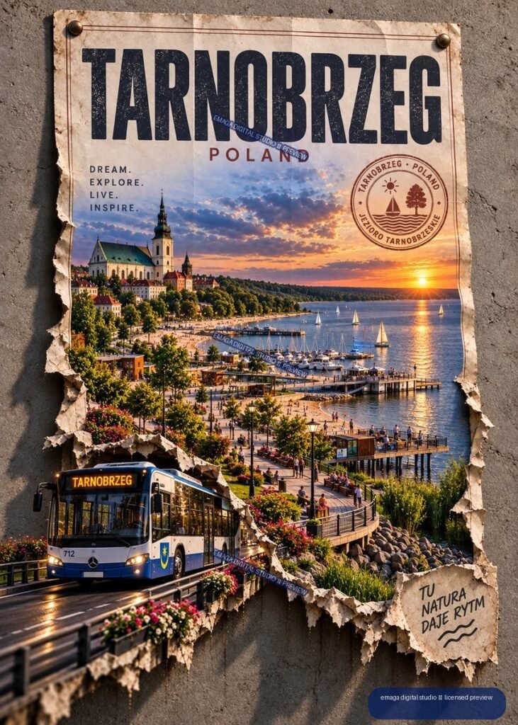 Weathered Tarnobrzeg Poland travel poster showing a sunset lake, waterfront city, sailboats, church, and foreground bus.