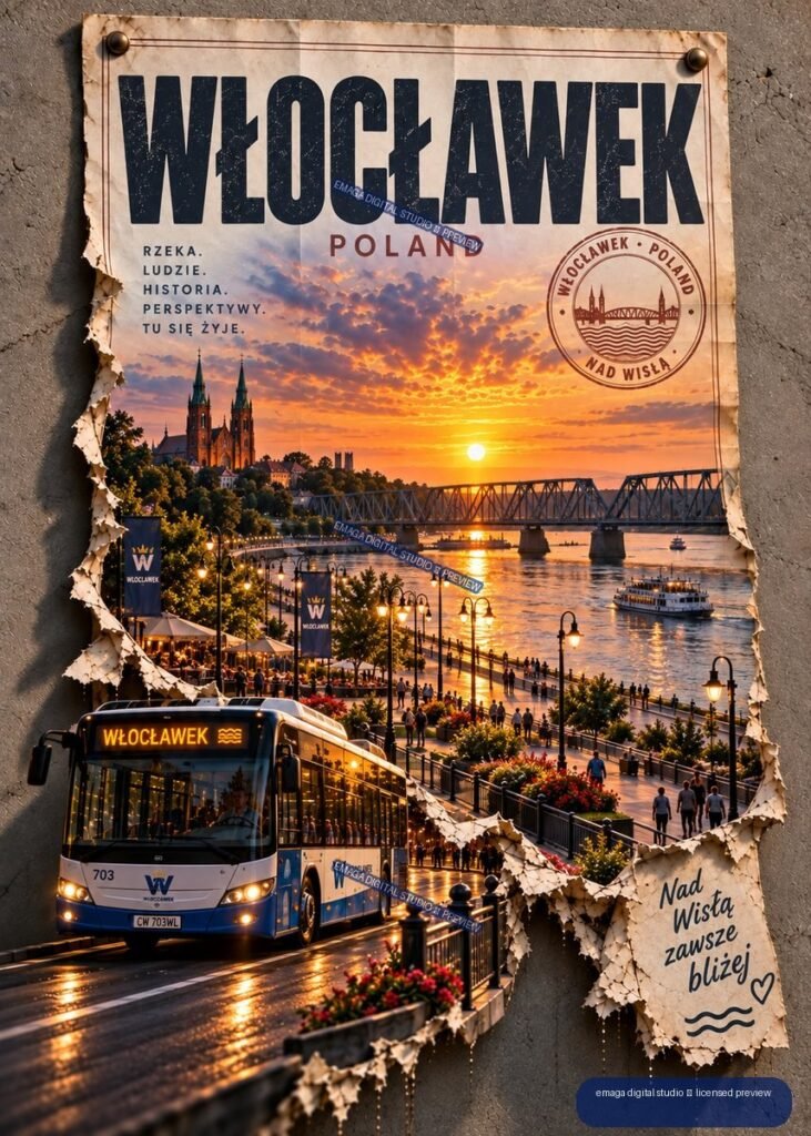 Vintage-style Włocławek Poland travel poster showing a sunset over the Vistula River, bridge, cathedral, promenade, boat, and city bus.