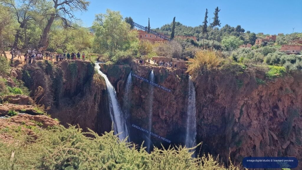 Multiple Waterfalls and Red Cliffs at Ouzoud Waterfalls, Morocco