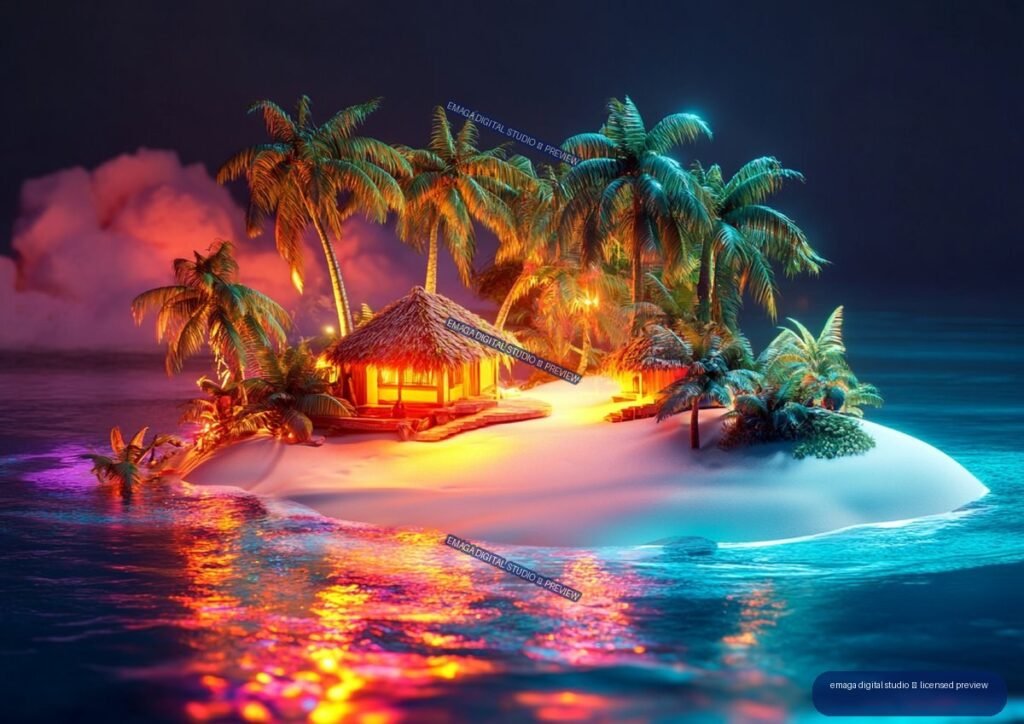 Colorful tropical island beach at sunset with palm trees, illuminated thatched huts, and glowing reflections on the ocean.