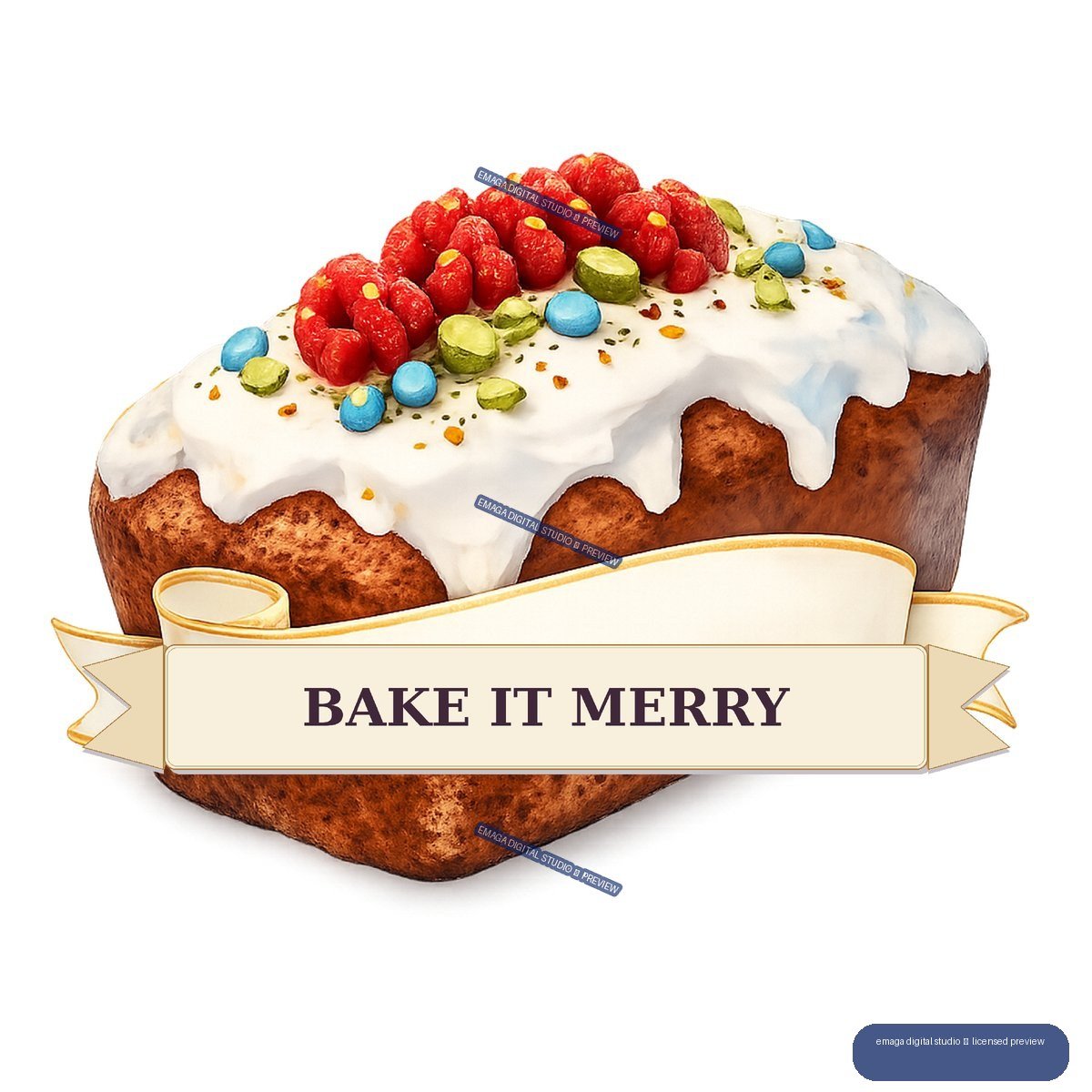 Illustrated holiday cake with white icing, colorful toppings, and a ribbon reading “BAKE IT MERRY.”