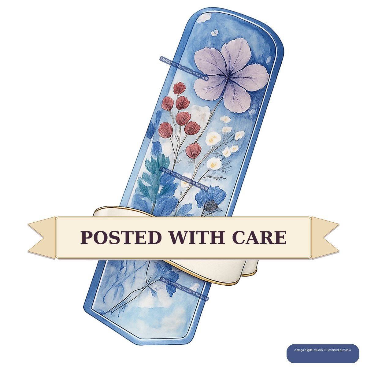 Tilted blue floral mail piece with a cream ribbon reading POSTED WITH CARE.