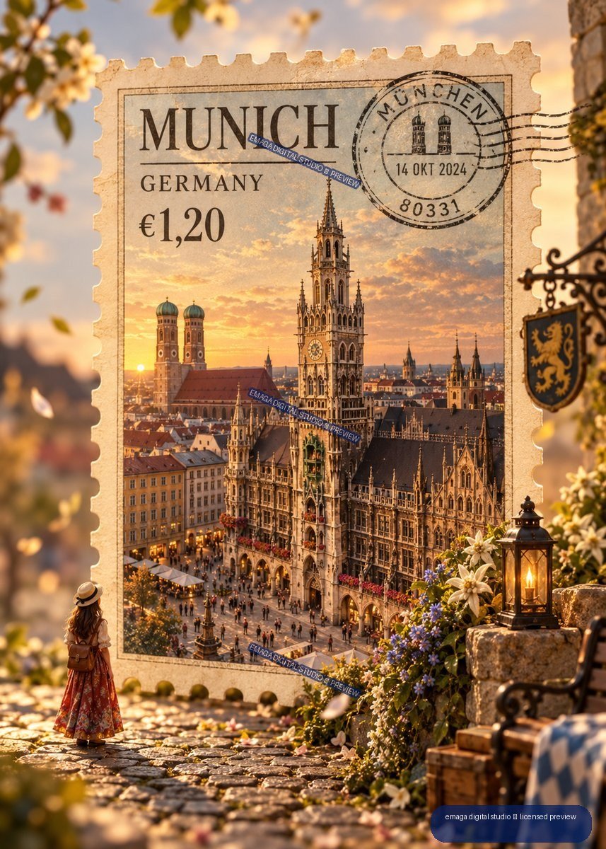 Decorative Munich Germany postage stamp showing the city hall and Frauenkirche at sunset, surrounded by flowers and cobblestones.