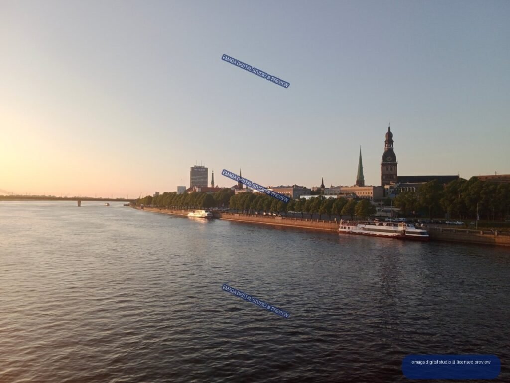 Riga, Latvia Skyline Along the Daugava River at Golden Hour