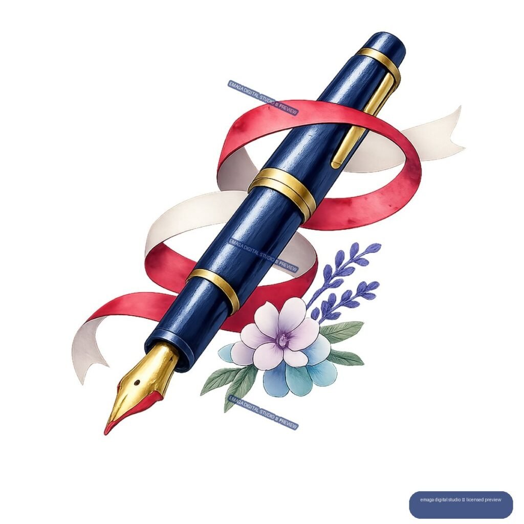 Diagonal navy fountain pen with gold trim, red and cream ribbons, and blue and pink flowers with green leaves.