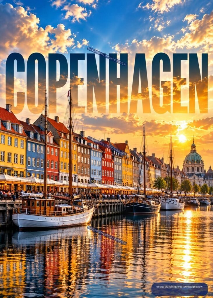 Colorful Copenhagen harbor at sunset with boats, historic waterfront buildings, a domed landmark, and large COPENHAGEN lettering across the sky.