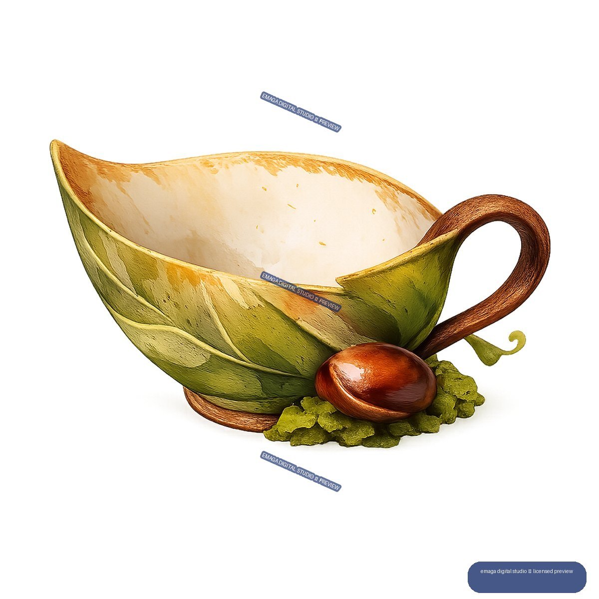 Illustrated leaf-shaped bowl with a wooden handle, acorn ornament, and green leaves at its base.