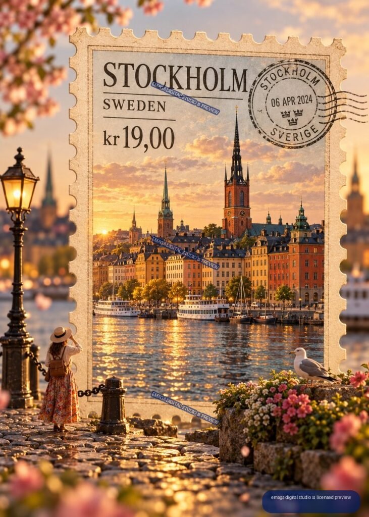 Decorative Stockholm Sweden postage stamp showing a sunset waterfront cityscape, boats, church spires, a dated postmark, a woman, flowers, and a seagull.