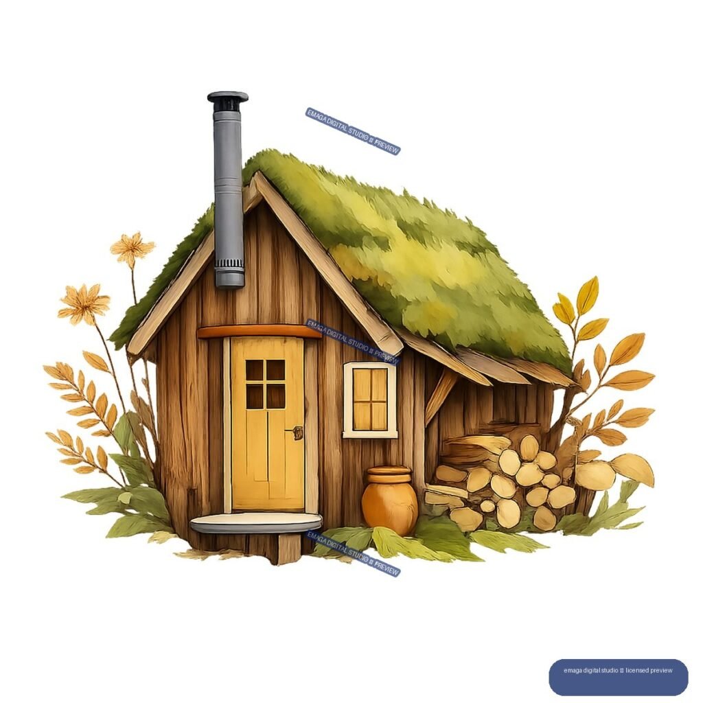 Rustic wooden woodland cottage with a moss-covered roof, chimney, yellow door, stacked firewood, flowers, and leafy branches.