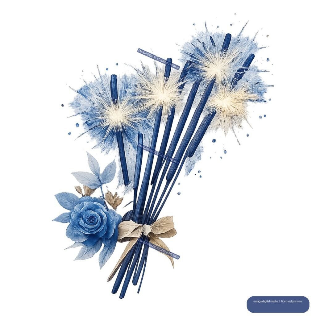 Blue floral bouquet with a rose, cream-centered blue bursts, long stems, leaves, and a beige ribbon.