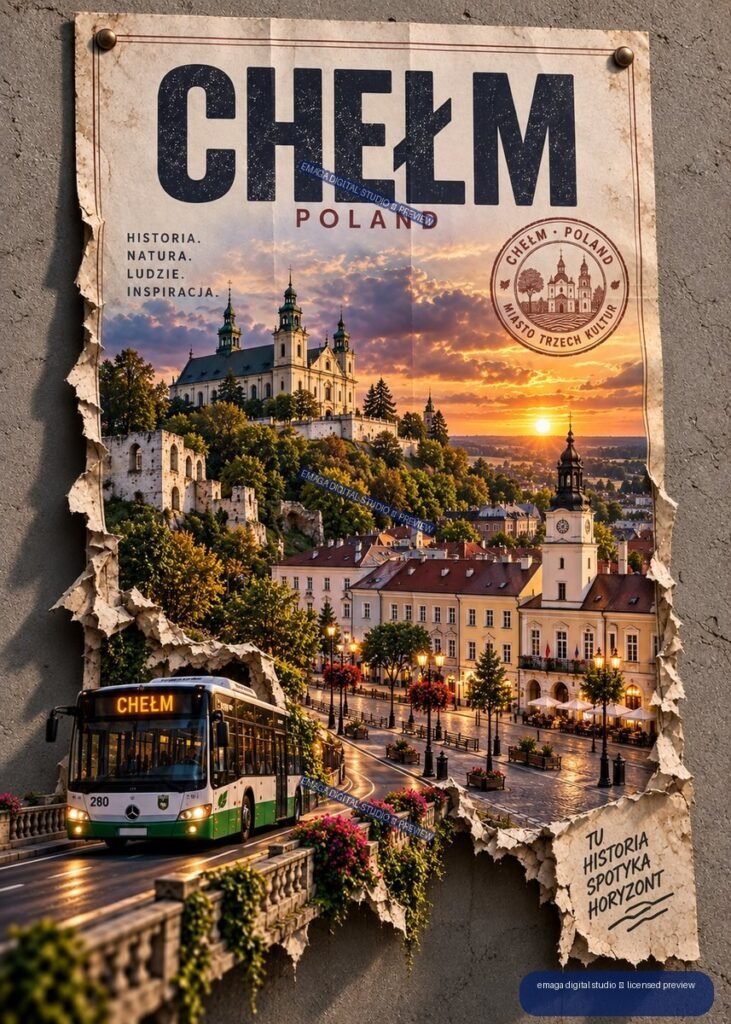 Vintage-style Chełm Poland travel poster showing a church, town square, clock tower, bus, sunset, and weathered torn edges.