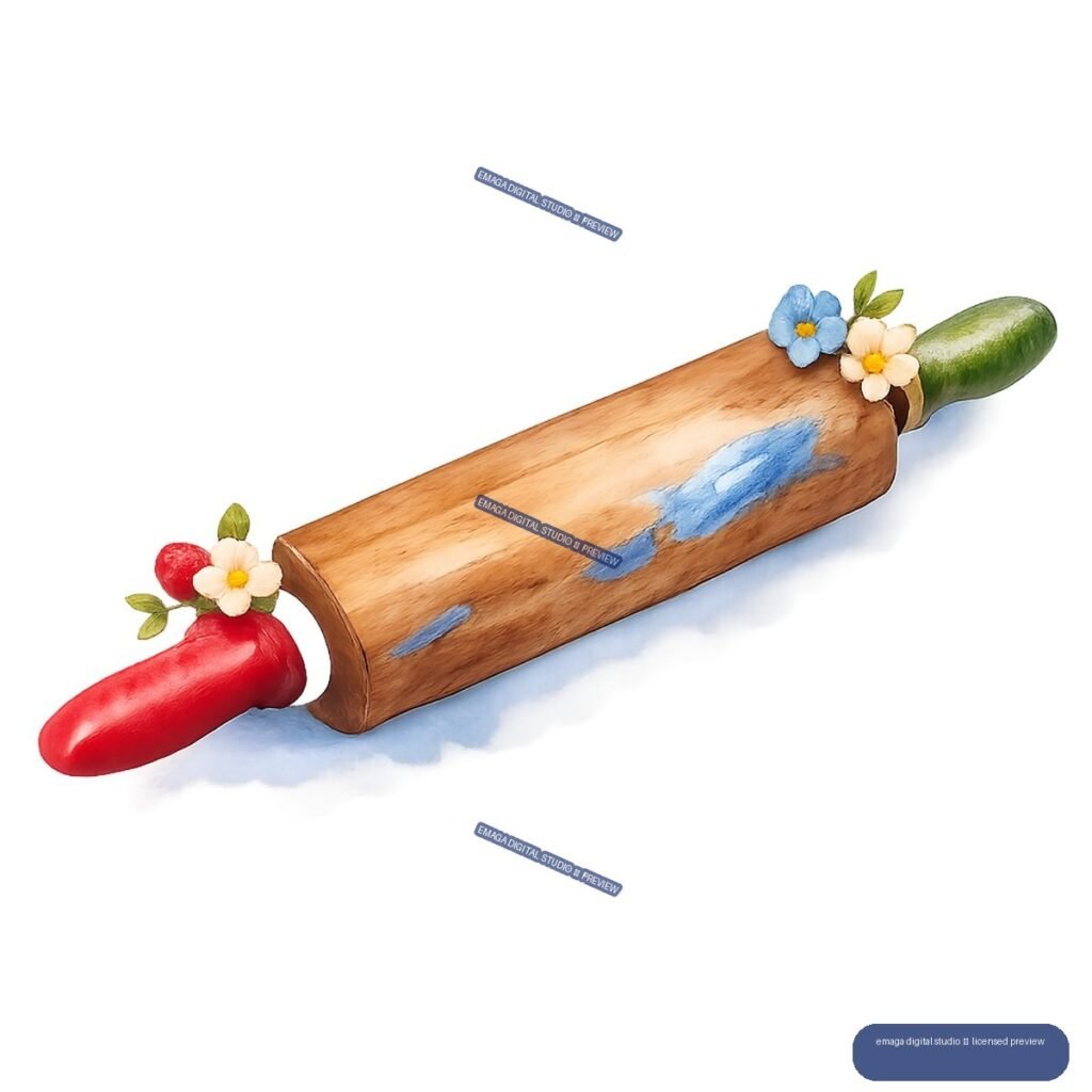 Watercolor illustration of a decorated wooden rolling pin with red and green handles, flowers, leaves, and berries.