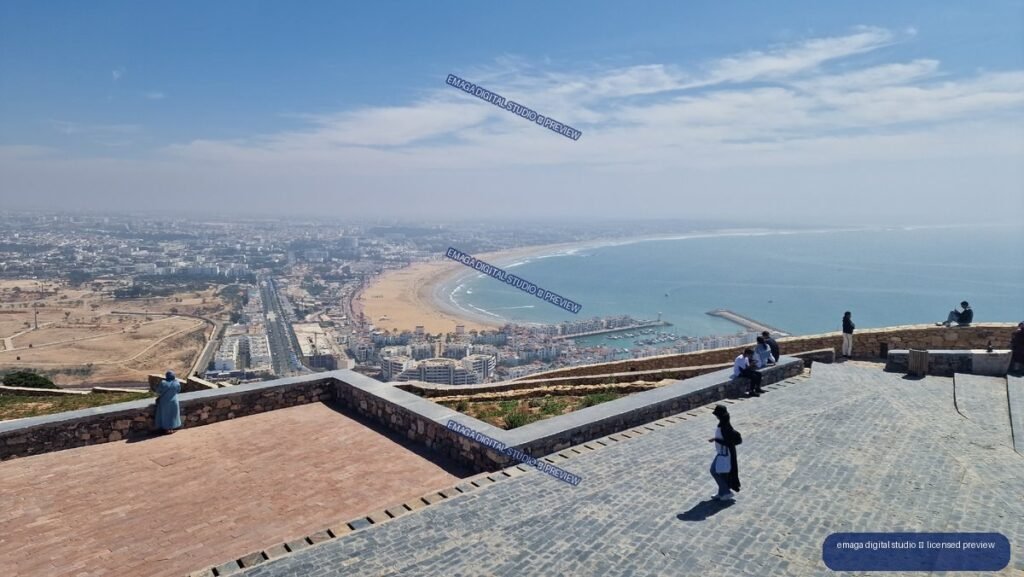 Panoramic coastal view of Agadir, Morocco from a hilltop terrace