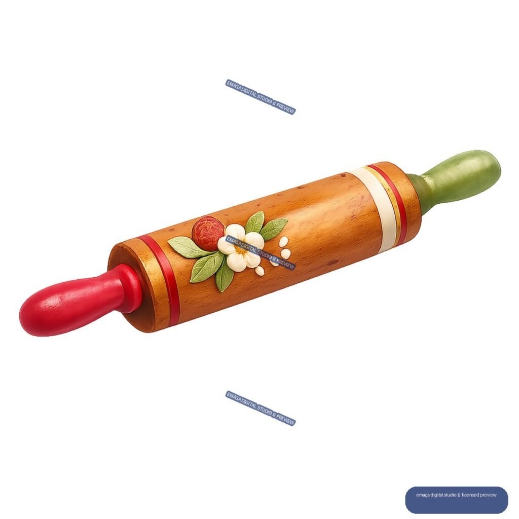 Decorative wooden rolling pin with red and green handles and a raised floral motif, isolated on white.