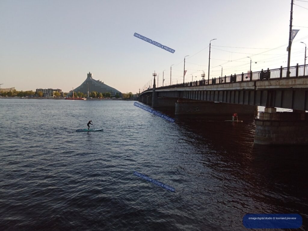 River and Bridge at Sunset in Riga, Latvia