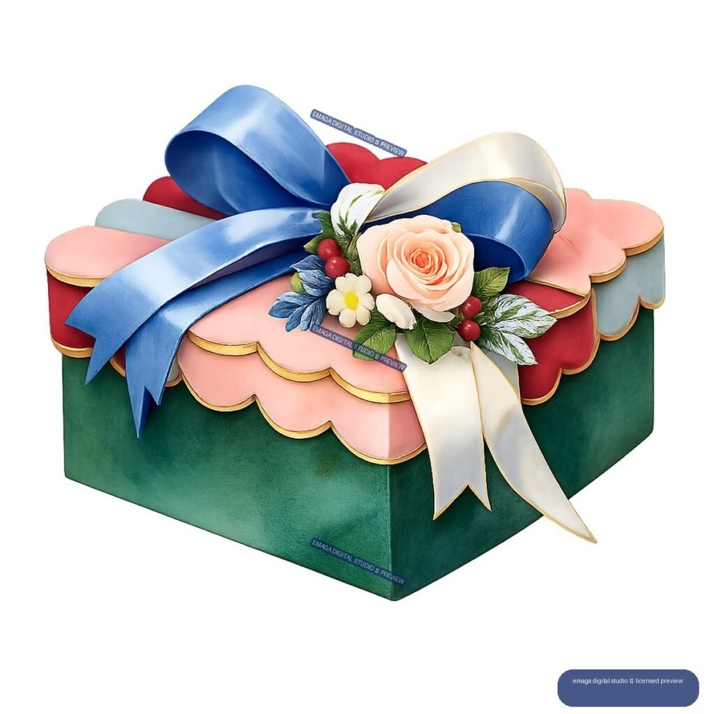 Green gift box with a scalloped pink lid, blue bow, ivory ribbons, rose, flowers, leaves, and red berries.