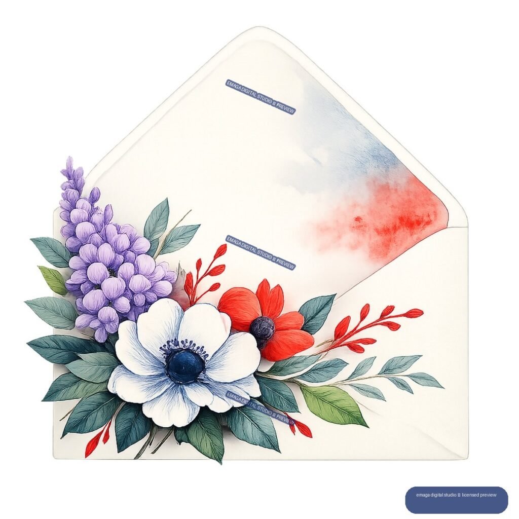 Illustrated cream envelope decorated with purple, white, and red flowers, green leaves, and soft blue and red washes.