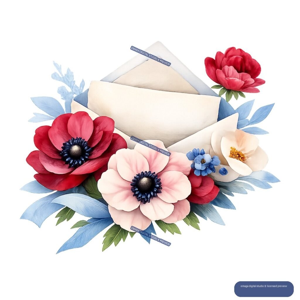 Floral Valentine arrangement with cream envelopes, red and pink flowers, and blue foliage.